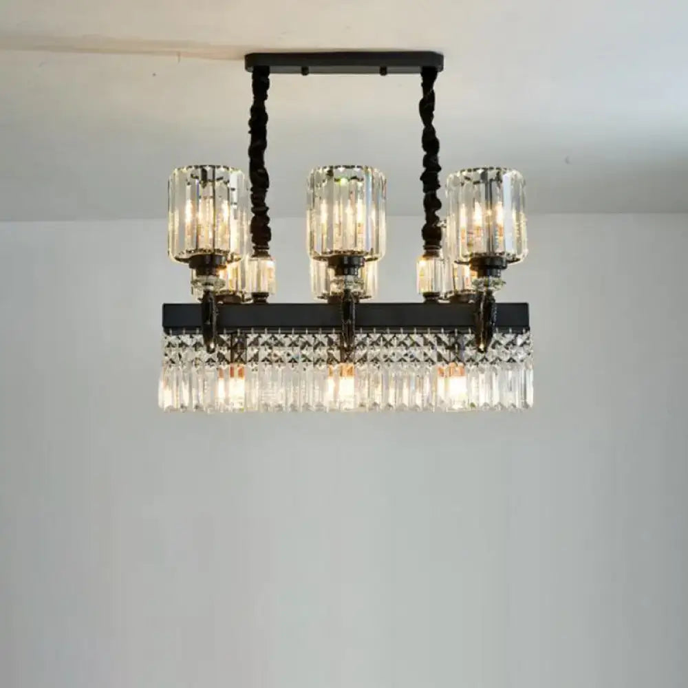 DecorBites™ Modern Black Crystal Prism Island Pendant Lamp with Fringe - 9-Head Cylindrical Style