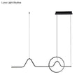 Black minimalist pendant ceiling light with wave-like wire design and circular accent providing warm white light
