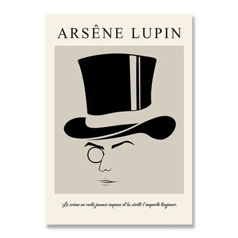 Beige canvas print featuring a stylized black silhouette of Arsène Lupin with a top hat for modernism exhibition canvas