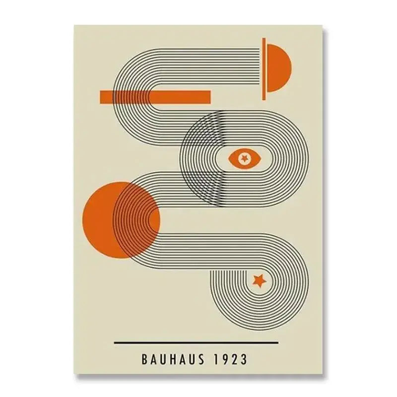 Beige decorbites™ modern black and white bauhaus canvas print featuring abstract orange and black geometric shapes