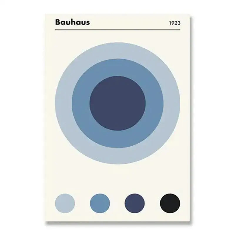 DecorBites™ modern black and white bauhaus canvas print with minimalist concentric blue circles on cream background and color swatches