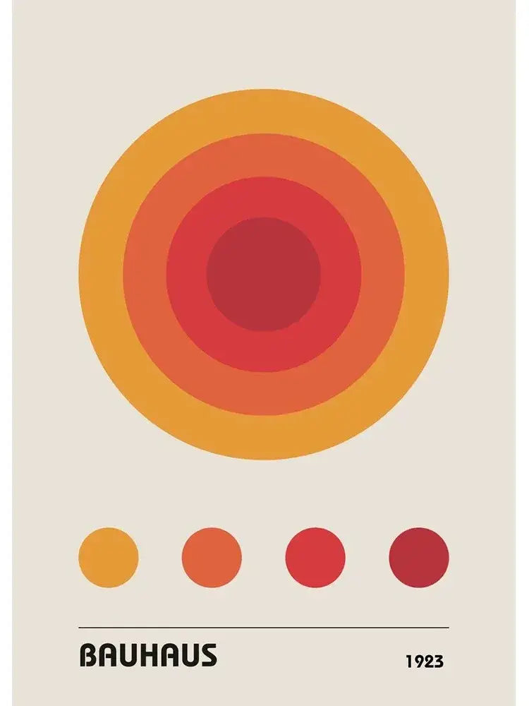 Decorbites™ modern black and white bauhaus canvas print with concentric orange and red circles and color palette swatch