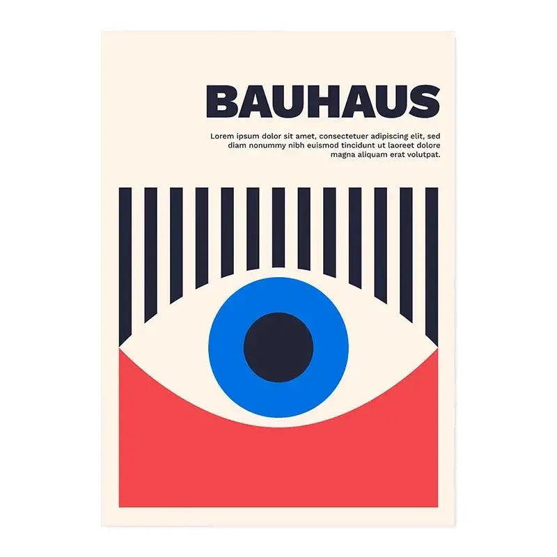 DecorBites™ modern black and white bauhaus canvas print with bold blue eye and navy and red stripes design