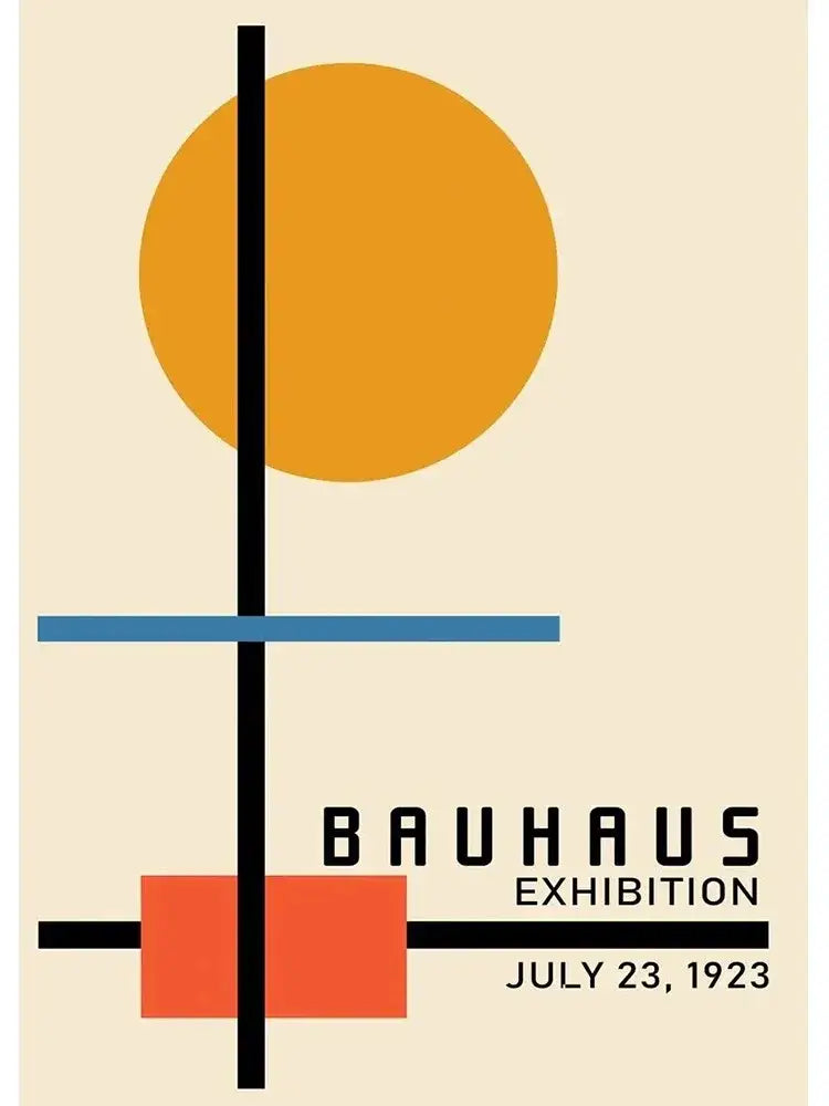 Minimalist bauhaus canvas print with bold orange blue and red geometric shapes on cream background by decorbites