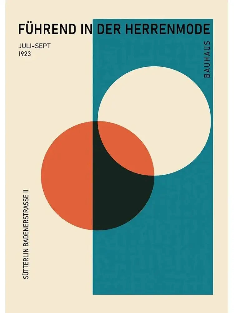 Decorbites modern black and white bauhaus canvas print featuring bold teal orange and cream geometric circles on beige background