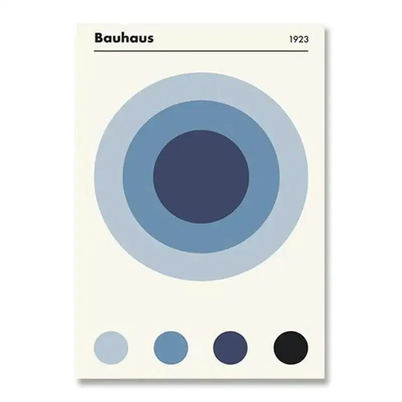 Decorbites modern black and white bauhaus canvas print with minimalist blue concentric circles for home decor