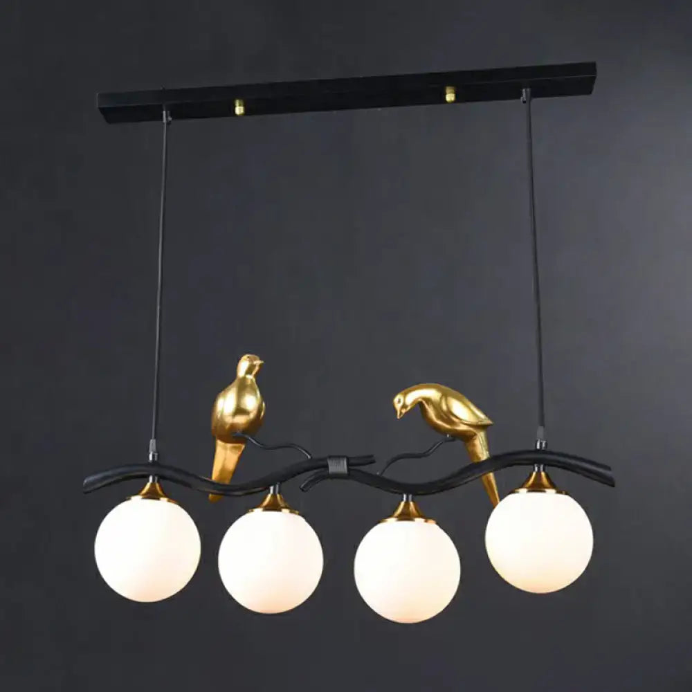 DecorBites™ Modern Branch Island Pendant Light with Ball Glass Shade and Bird Deco - Metal 4-Light Fixture for Dining Room