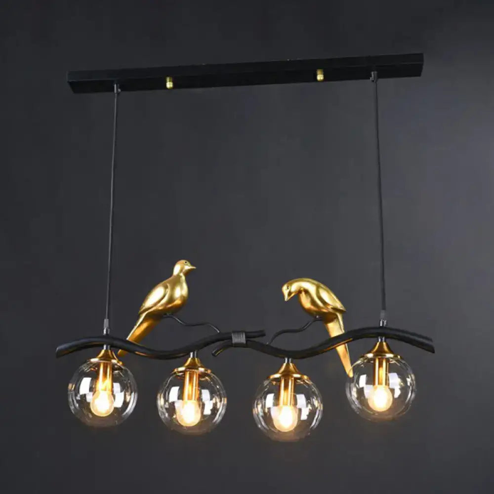 DecorBites™ Modern Branch Island Pendant Light with Ball Glass Shade and Bird Deco - Metal 4-Light Fixture for Dining Room
