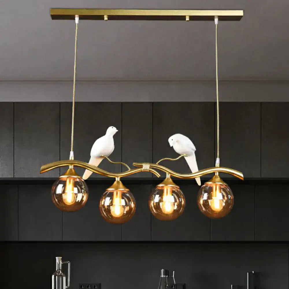 DecorBites™ Modern Branch Island Pendant Light with Ball Glass Shade and Bird Deco - Metal 4-Light Fixture for Dining Room