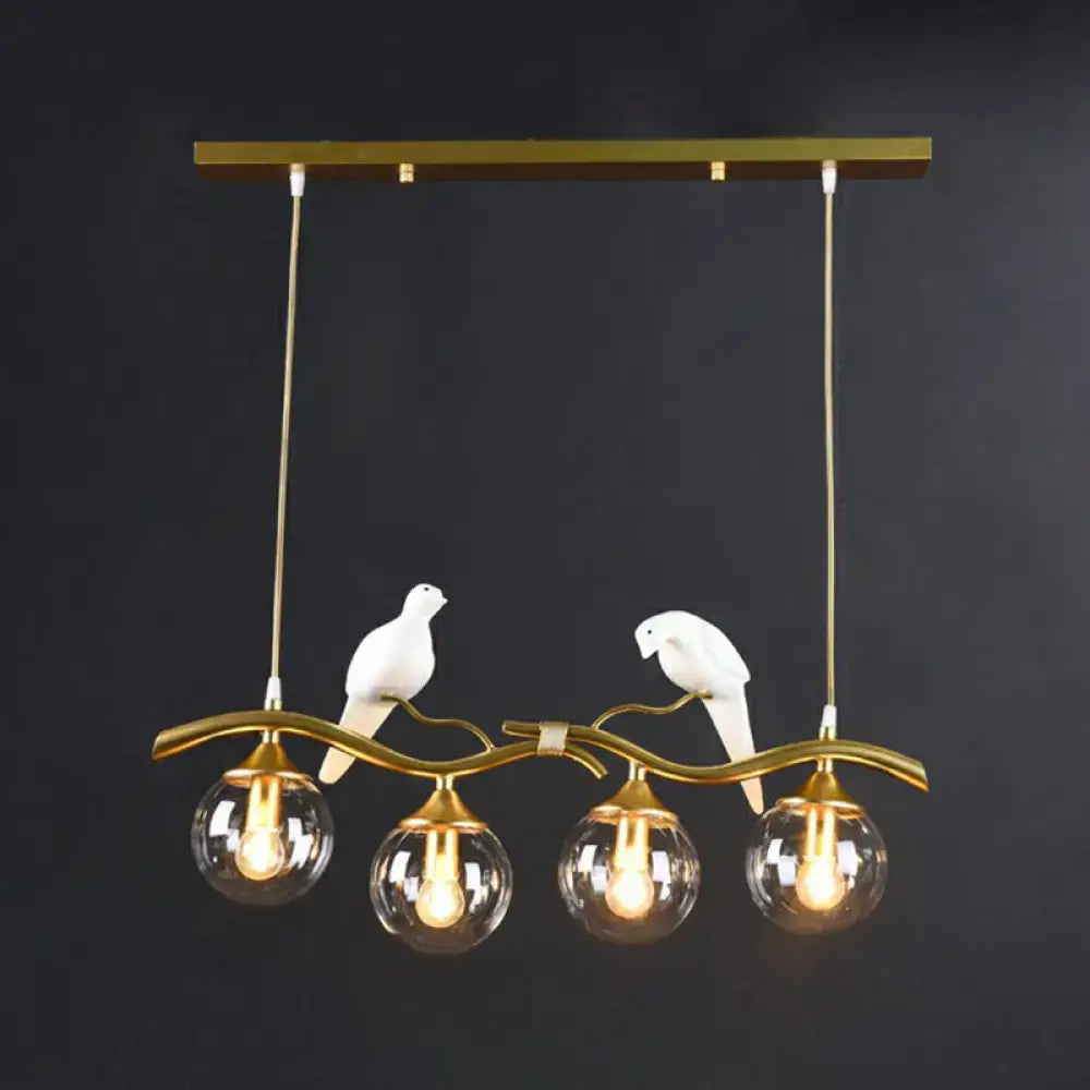 DecorBites™ Modern Branch Island Pendant Light with Ball Glass Shade and Bird Deco - Metal 4-Light Fixture for Dining Room