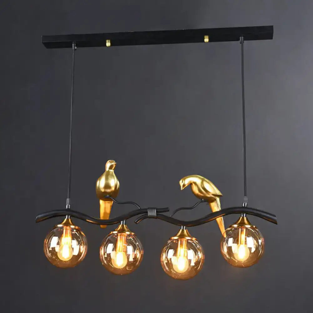 DecorBites™ Modern Branch Island Pendant Light with Ball Glass Shade and Bird Deco - Metal 4-Light Fixture for Dining Room