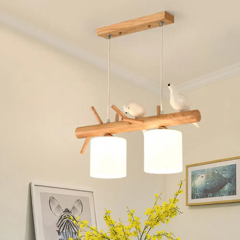 DecorBites™ Modern Branch Island Pendant Light with LED, Wood Dining Room Ceiling Light and Cream Glass Shade