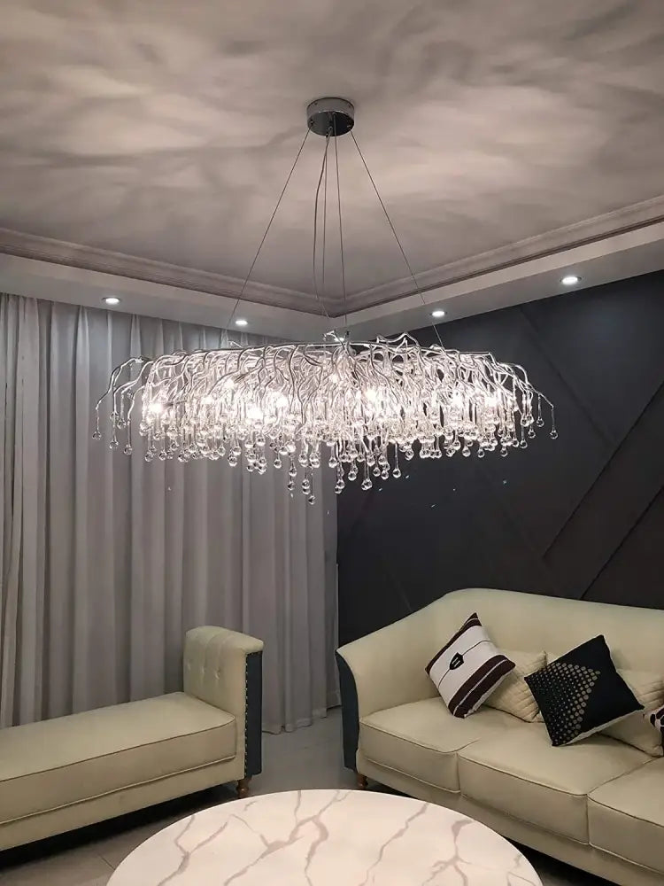 DecorBites™ modern chrome crystal chandelier with silver metal frame and glass droplets for living room lamp package