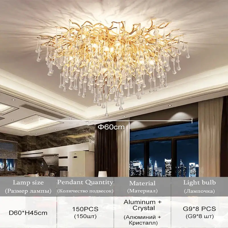 Gold-toned DecorBites™ crystal chandelier with intricate arms and dangling pendants for elegant living room lamp package