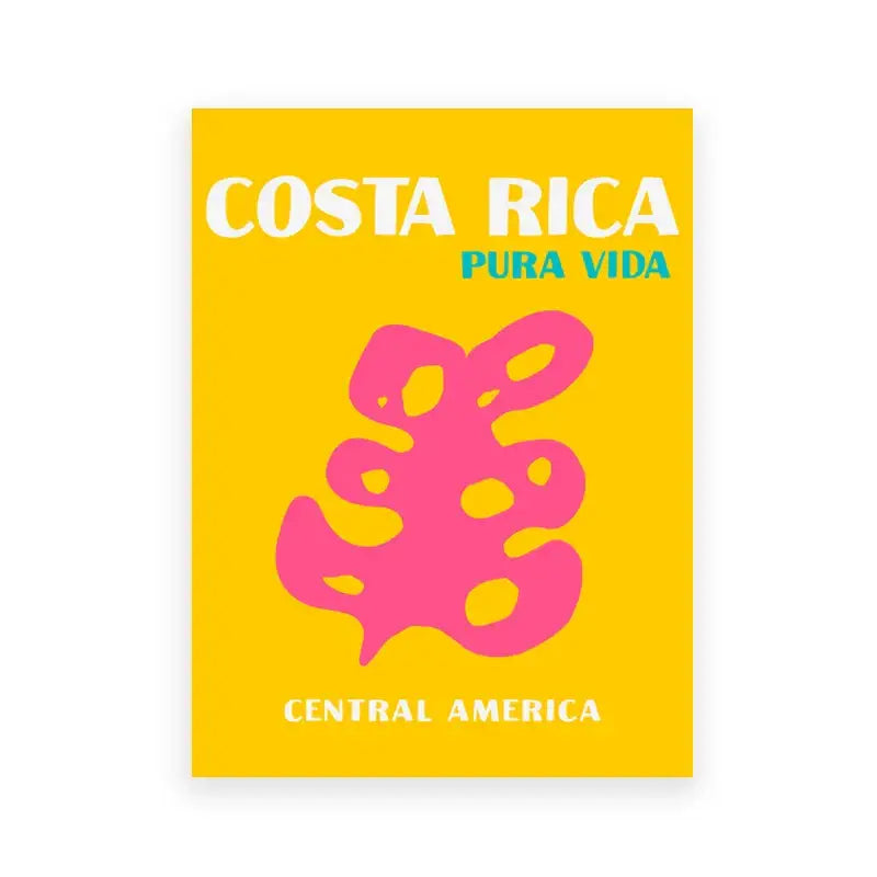 Vibrant yellow decorbites modern coastal travel posters art print featuring bold white and teal costa rica pura vida text