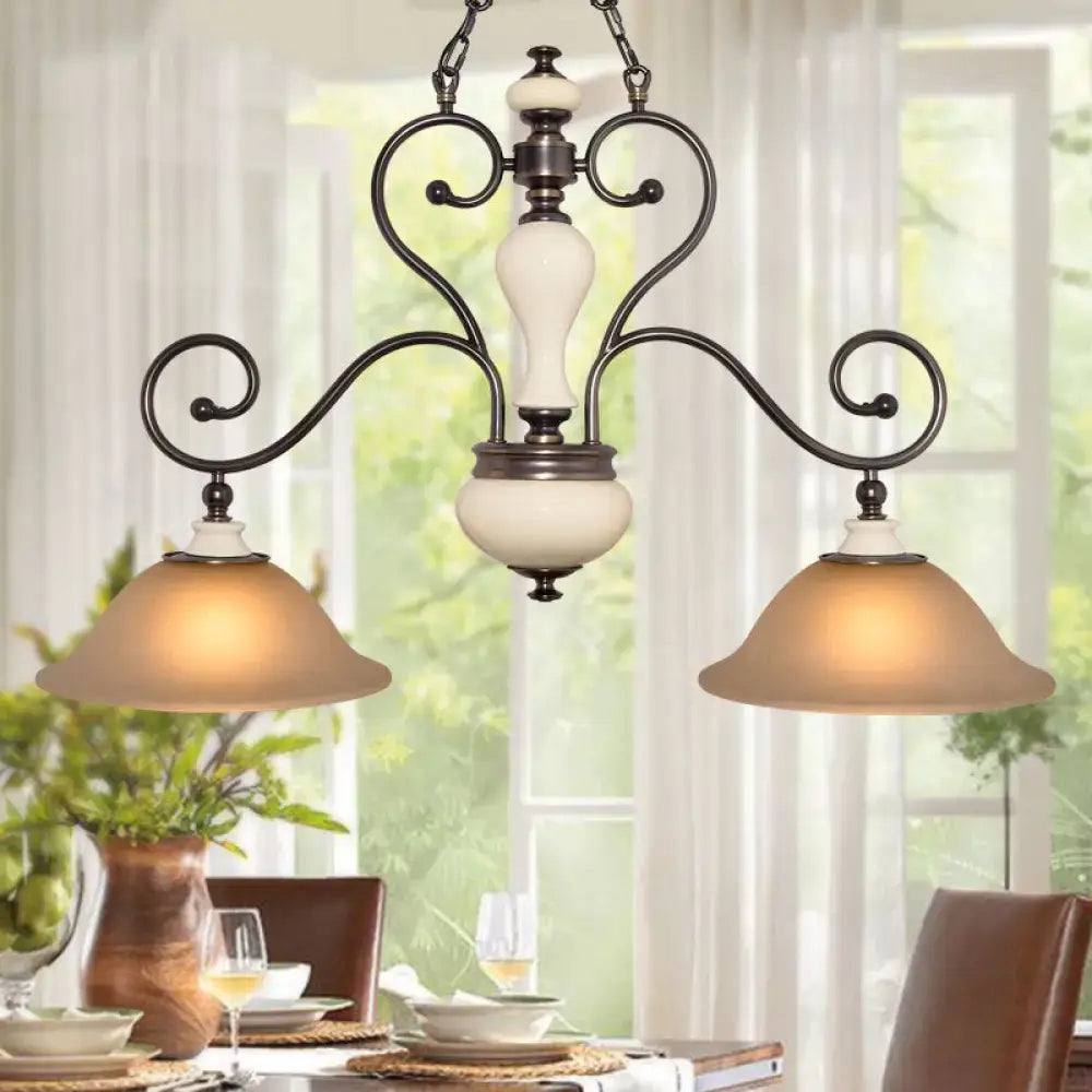 DecorBites™ Modern Countryside Style Chandelier Light - White Glass, Black Island Lamp with Flared 2 Heads and Curvy Arm - Ideal for Dining Room