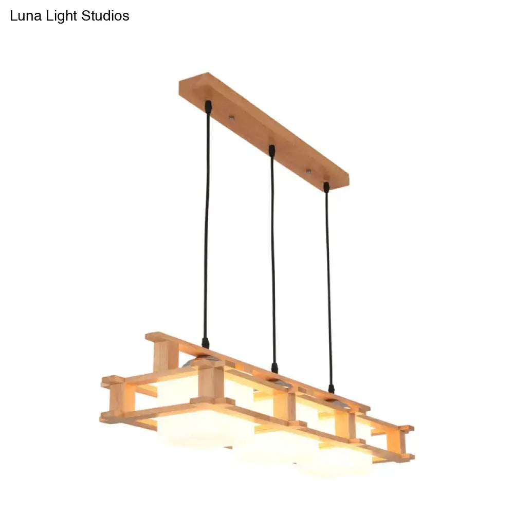 DecorBites™ Modern Cream Glass Cube Pendant Light with 3 Wooden Heads