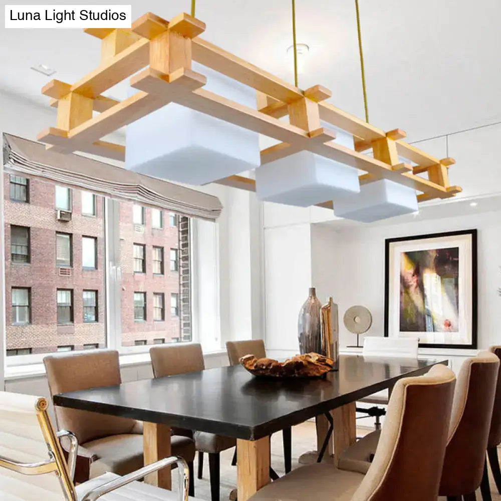DecorBites™ Modern Cream Glass Cube Pendant Light with 3 Wooden Heads
