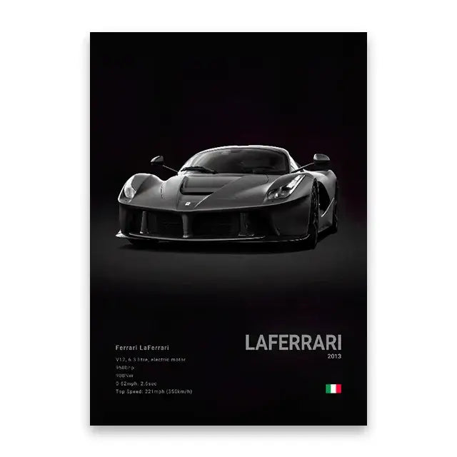 Black ferrari laferrari 2013 wall art featuring sleek aerodynamic design and prancing horse emblem on canvas wall art