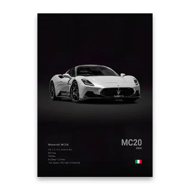 White maserati mc20 canvas wall art print featuring sleek aerodynamic design and black alloy wheels cars canvas wall