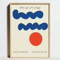 A framed decorbites™ modern geometric bauhaus exhibition canvas art featuring bold blue waves and a red circle on off-white