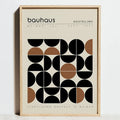 A minimalist framed canvas art poster featuring a geometric bauhaus exhibition pattern in black and tan on off-white background