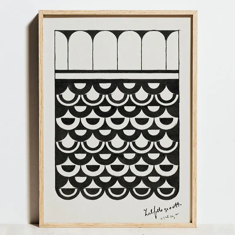 Decorbites™ modern geometric bauhaus exhibition print canvas featuring minimalist black and white arches and scallops framed in light wood