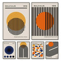 Set of five DecorBites™ modern geometric canvas wall art prints with bold black white orange and blue patterns on cream backgrounds