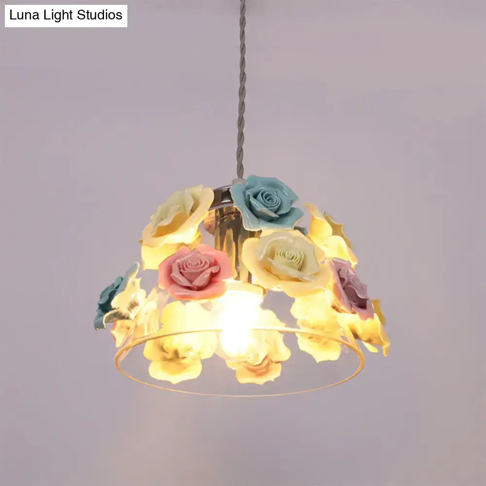 DecorBites modern glass hanging lamp with blue-pink-yellow flower decor pastel pendant light and soft glow
