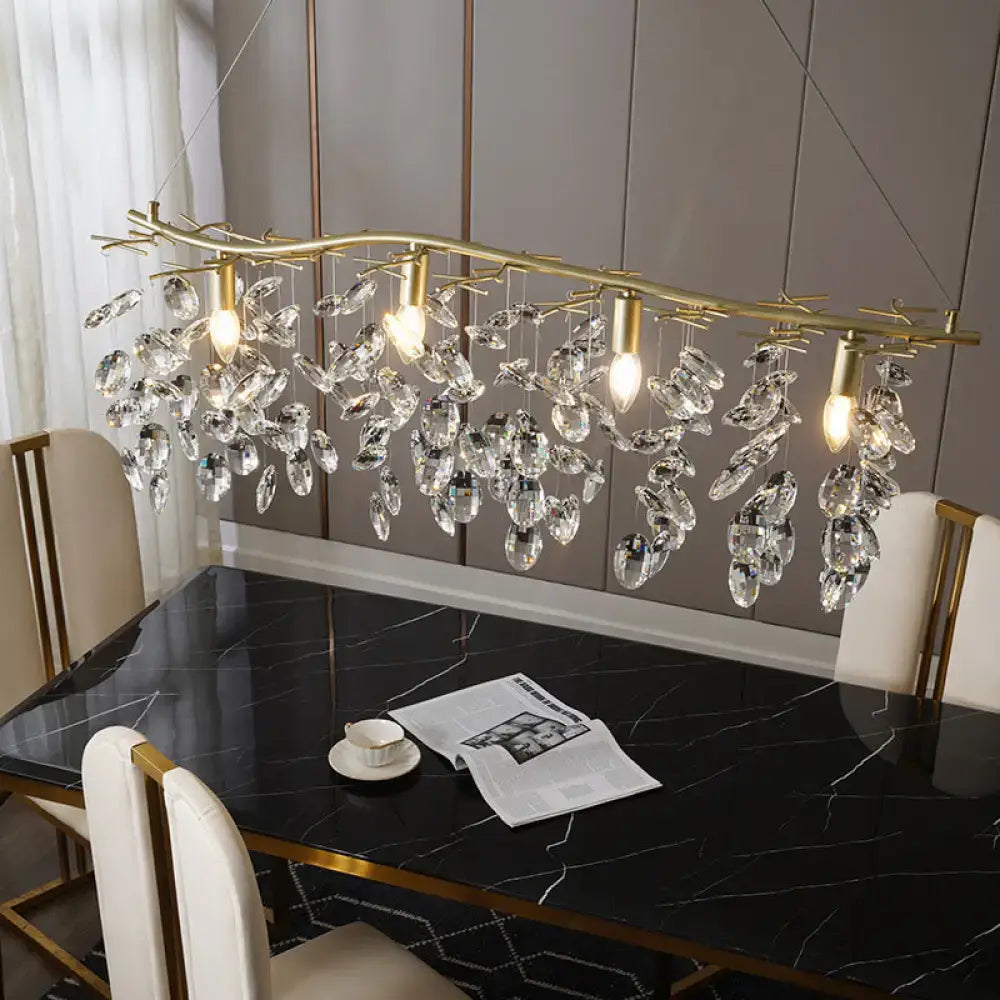 DecorBites™ Modern Gold Branching Island Hanging Lamp with Crystal Droplets - 4-Bulb Metallic Pendant Light