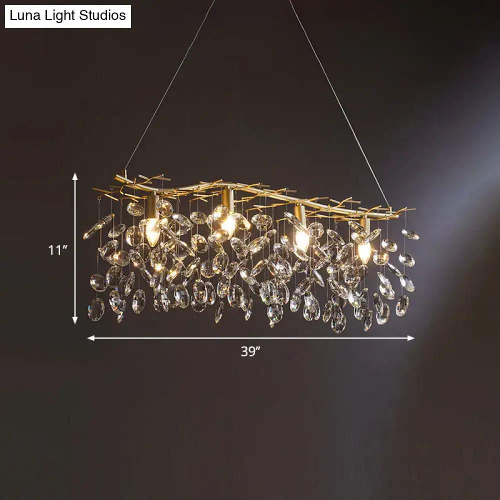 DecorBites™ Modern Gold Branching Island Hanging Lamp with Crystal Droplets - 4-Bulb Metallic Pendant Light
