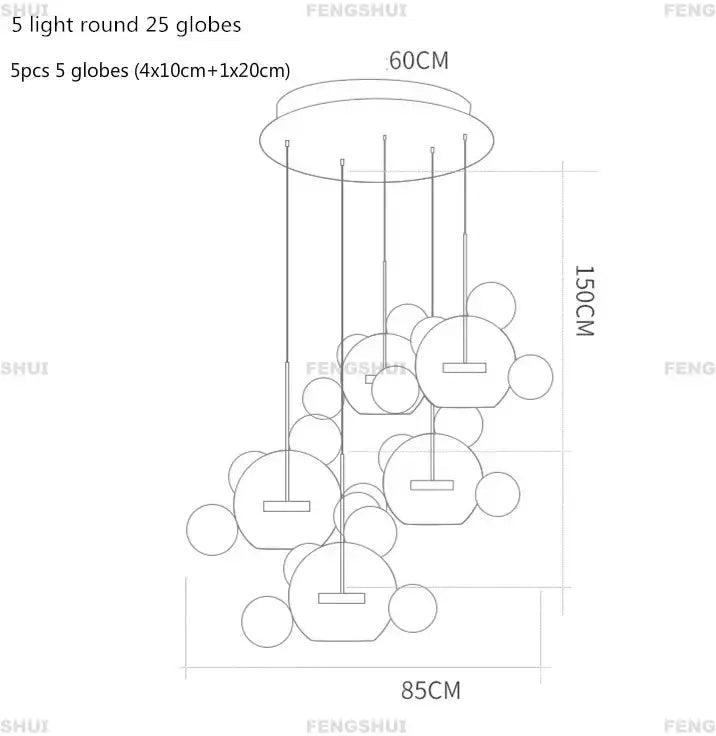 A modern led bubble chandelier by decorbites featuring five round glass globes in varying sizes on a circular mount