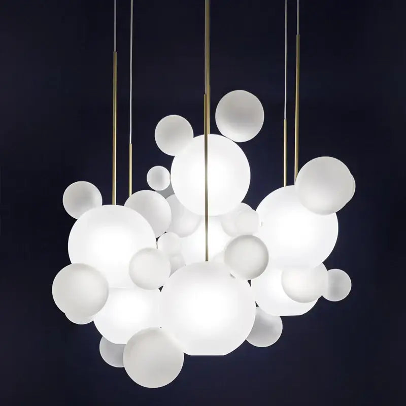 Decorbites modern led bubble chandelier with white spherical design and gold-toned rods for living room or dining room decor led lighting