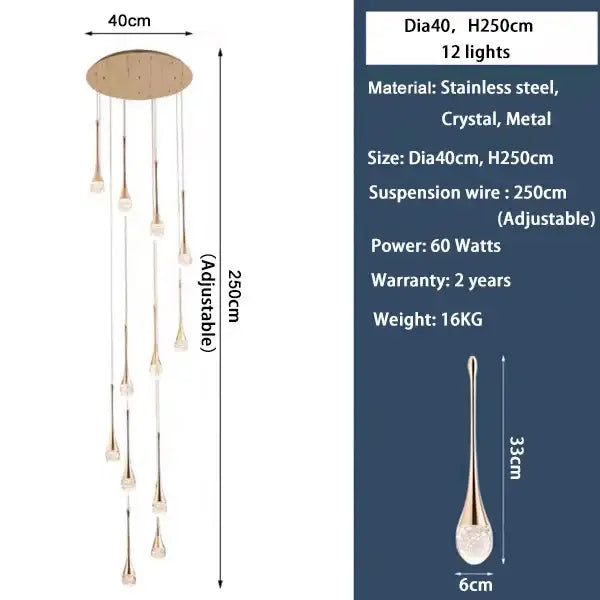 DecorBites™ modern led crystal chandelier with circular stainless steel top and 12 teardrop lights for home decor