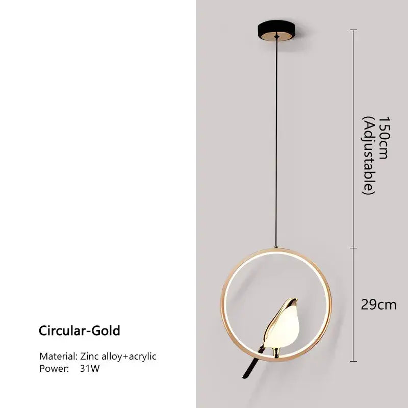 DecorBites modern magpie bird led pendant light with sleek gold frame and minimalist bird-shaped acrylic shade