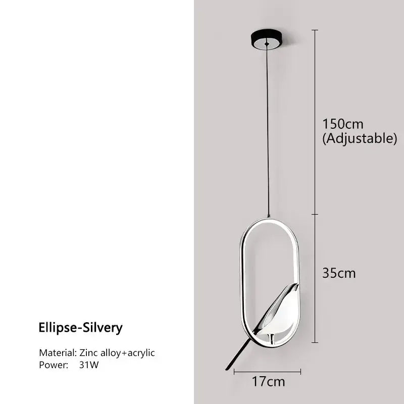 Silver ellipse-shaped DecorBites modern magpie bird led pendant light with sleek zinc alloy and acrylic design, adjustable 150cm hanging length