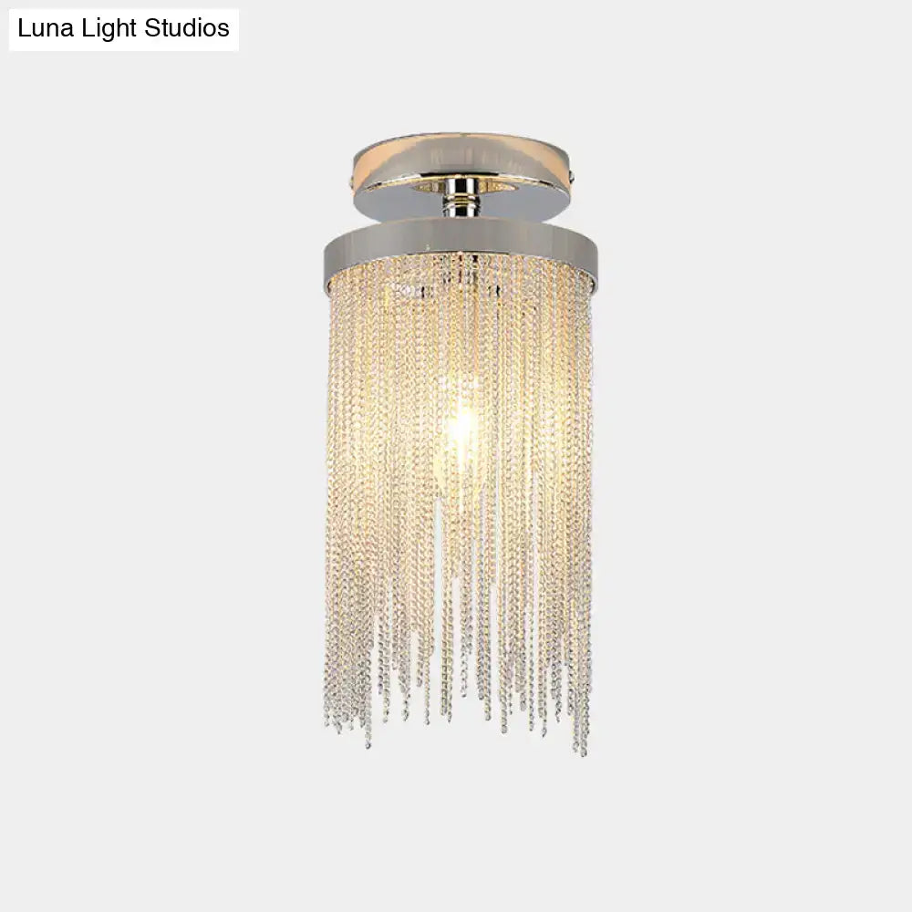 Decorbites™ modern semi flush mount lamp with polished chrome finish and clear crystal bead strands for living room