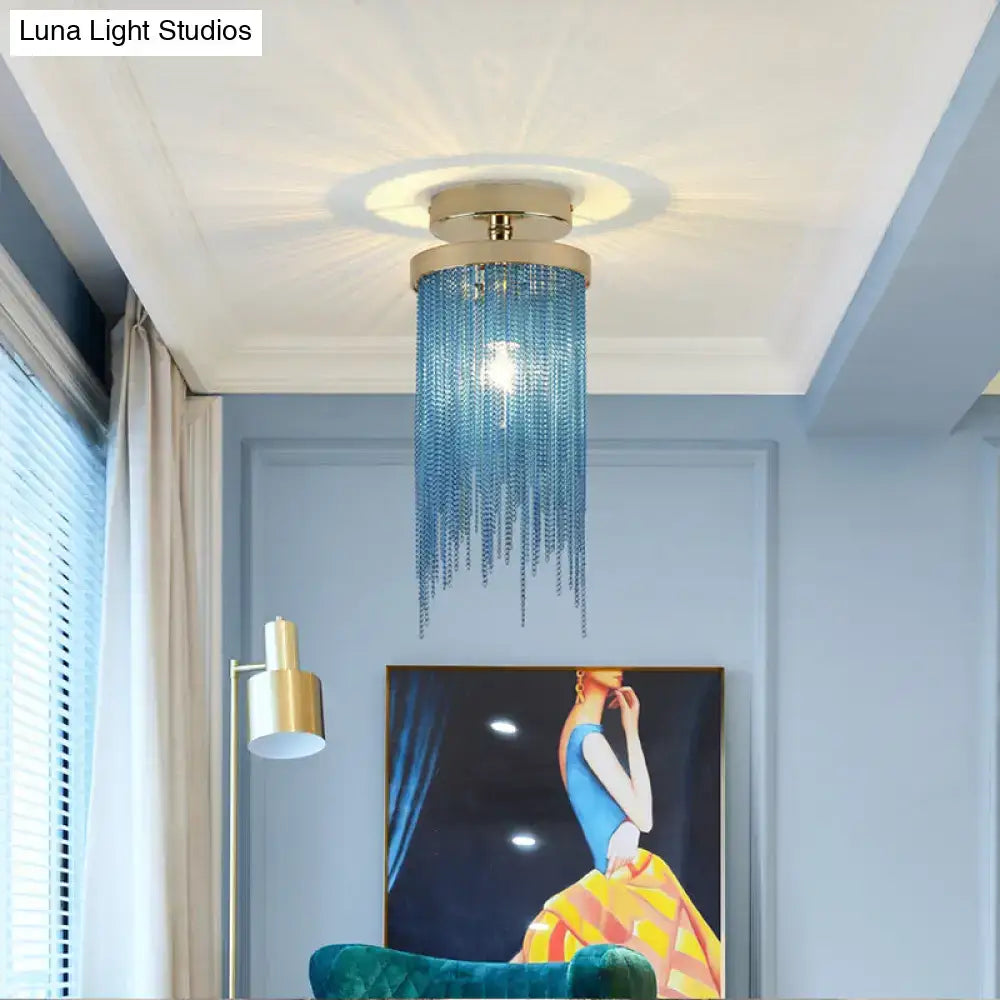 DecorBites™ Modern Metal Chain Semi Flush Mount Lamp - 1 Light Ceiling Fixture for Living Room in Gold/Chrome/Blue