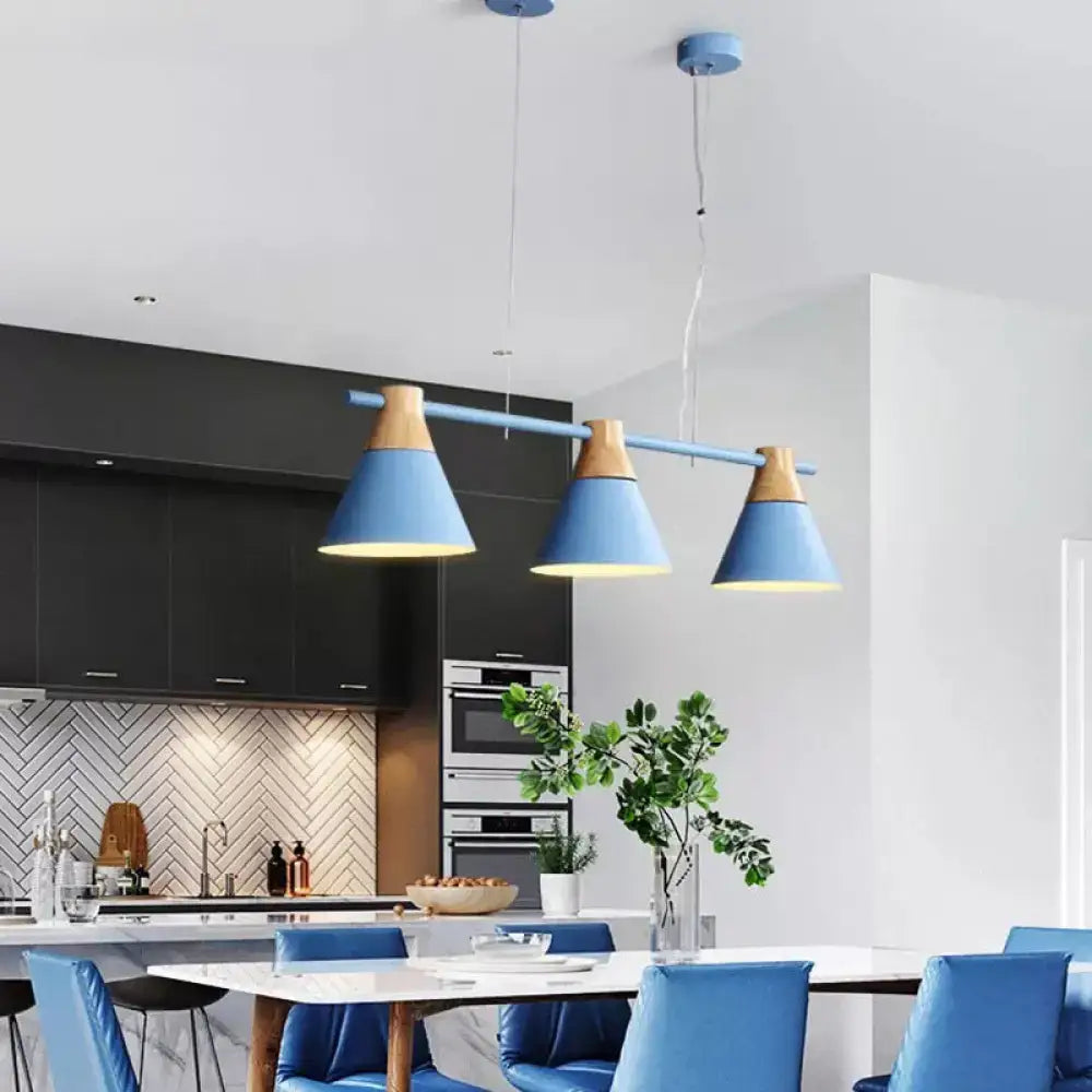 DecorBites™ Modern Metallic Cone Hanging Light Kit with Wood Top - 3 Heads Island Lighting Fixture