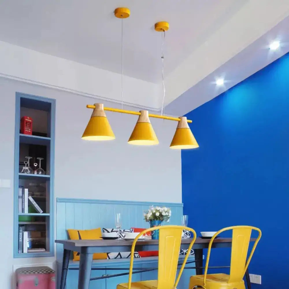 DecorBites™ Modern Metallic Cone Hanging Light Kit with Wood Top - 3 Heads Island Lighting Fixture
