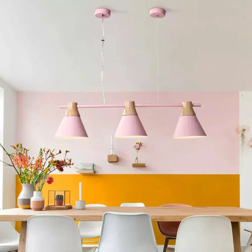 DecorBites™ Modern Metallic Cone Hanging Light Kit with Wood Top - 3 Heads Island Lighting Fixture