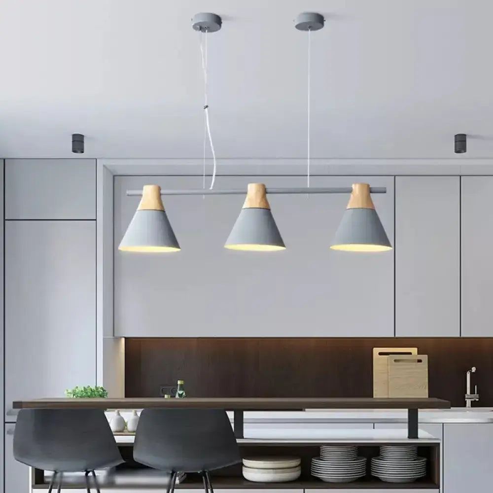 DecorBites™ Modern Metallic Cone Hanging Light Kit with Wood Top - 3 Heads Island Lighting Fixture