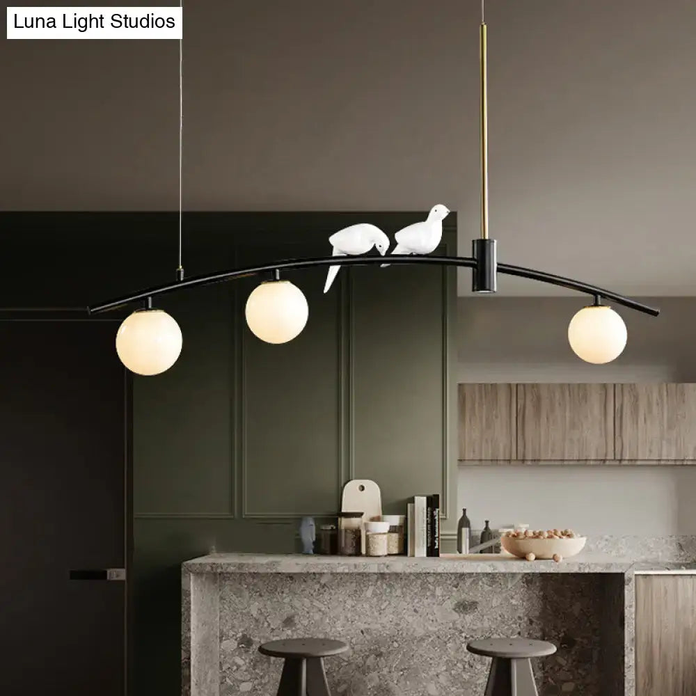 DecorBites™ Modern Mini Milk Glass Island Lamp with Bird Decoration - 3-Head suspension pendant in Black-Brass