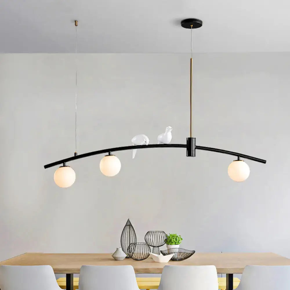 DecorBites™ Modern Mini Milk Glass Island Lamp with Bird Decoration - 3-Head suspension pendant in Black-Brass