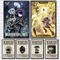 Two framed decorbites™ modern murder drones poster wall art featuring stylized cartoon characters in dark and gold tones