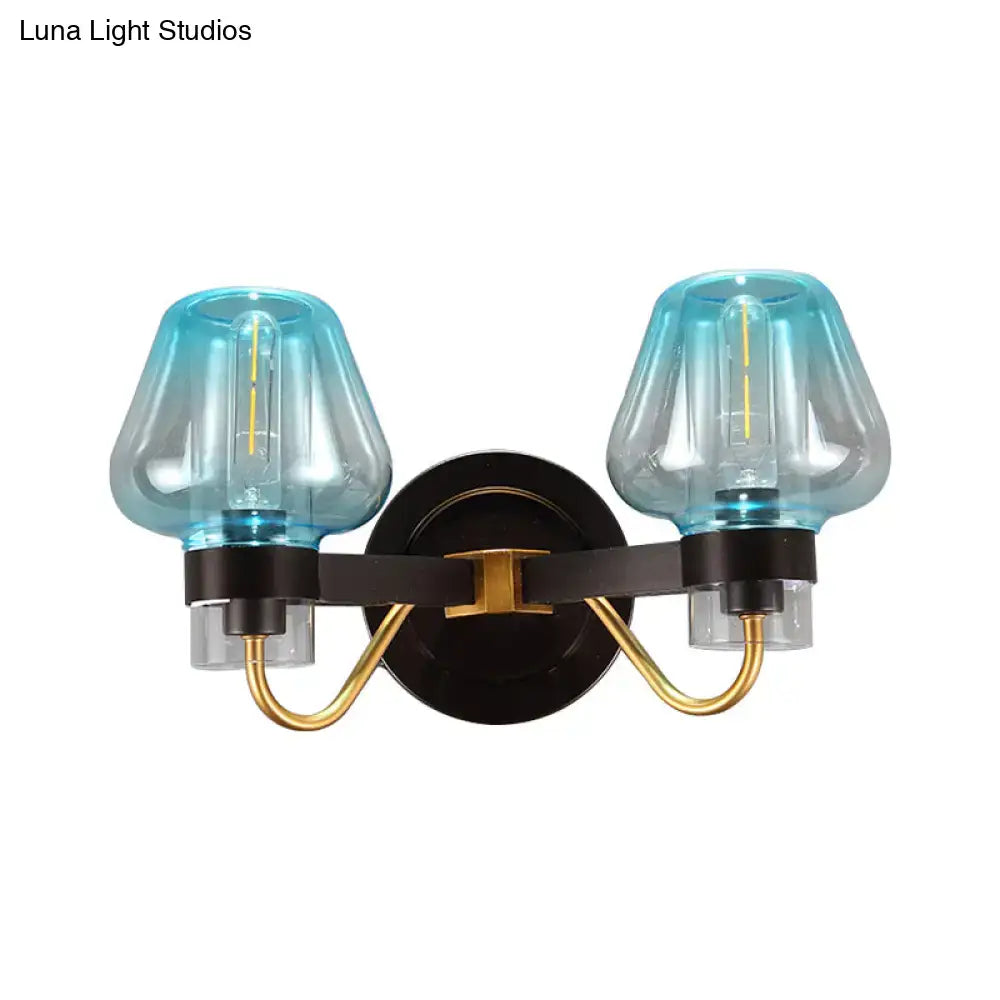 DecorBites™ Modern Mushroom Blue Glass Wall Mounted Bedroom Sconce Light with 2 Bulbs in Black