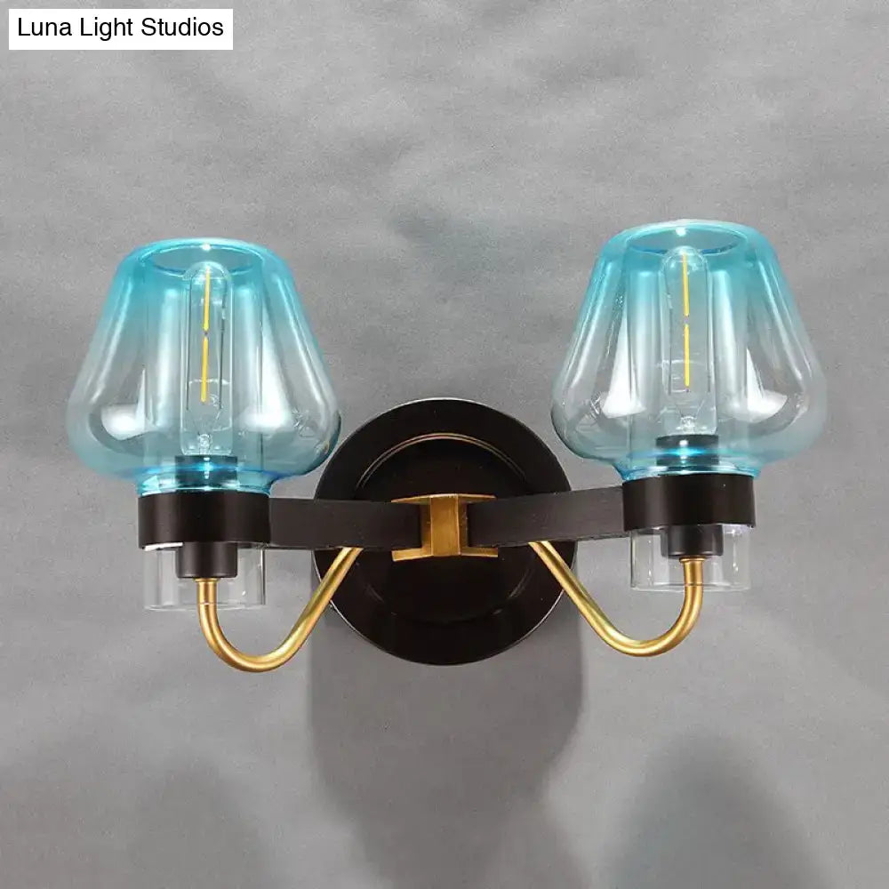 DecorBites™ Modern Mushroom Blue Glass Wall Mounted Bedroom Sconce Light with 2 Bulbs in Black