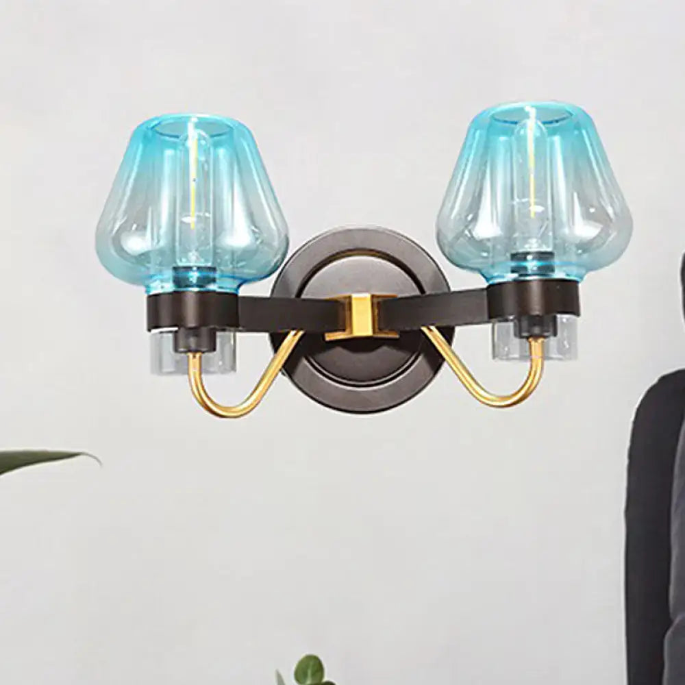 DecorBites™ Modern Mushroom Blue Glass Wall Mounted Bedroom Sconce Light with 2 Bulbs in Black