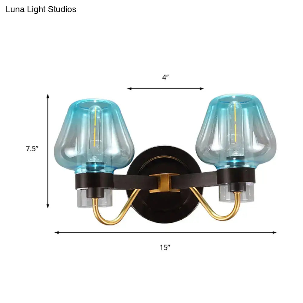 DecorBites™ Modern Mushroom Blue Glass Wall Mounted Bedroom Sconce Light with 2 Bulbs in Black
