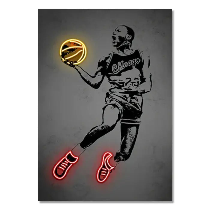 Decorbites™ modern neon sports star wall art poster with neon-lit basketball player, glowing yellow ball, and red sneakers on gray background